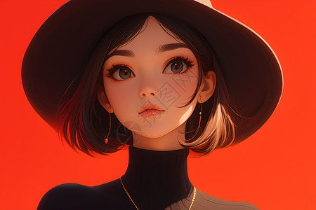 黑红色背景红色背景上的黑帽少女插画