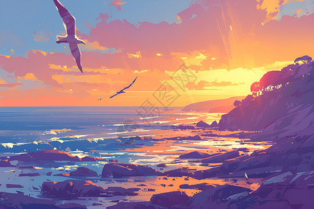 海岸日出的美好插画背景图片