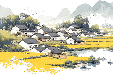 悬崖村落传统风景画背景图片