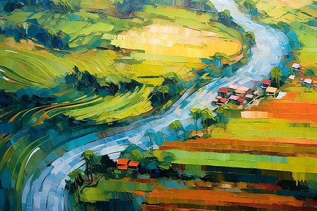 抽象河流映入眼帘的乡村油画插画