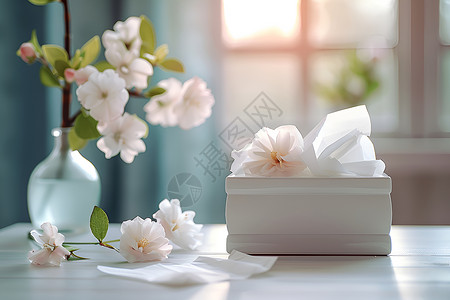 扔纸巾桌子上的花朵纸巾背景
