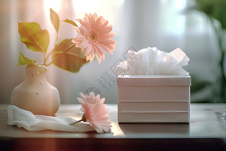 桌子上的纸盒和花卉背景图片