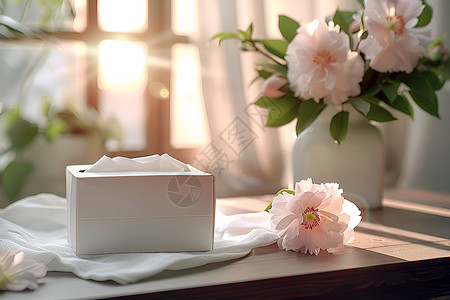 抽纸素材桌子上的抽纸和花朵背景