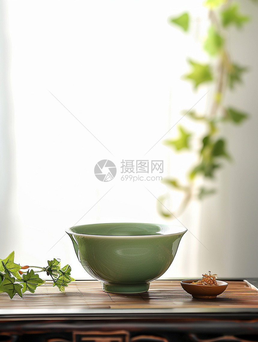 木桌上的绿色茶碗图片