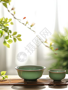木桌上雅致的茶碗背景图片