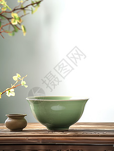瓷茶碗木桌上的青瓷碗背景