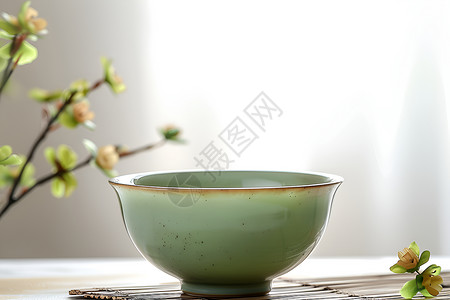 绿色瓷碗清雅的瓷茶碗背景