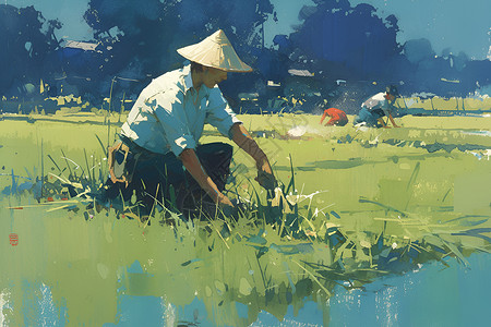 稻田中的农民背景图片