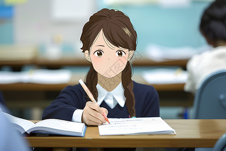 课堂上的女孩课堂上写字的女孩插画