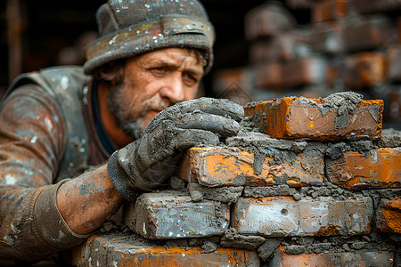 工人抗着横木戴着手套砌砖块的砖匠背景