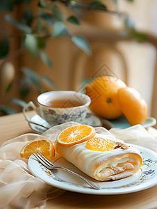 柑橘与茶香甜品与叉子高清图片