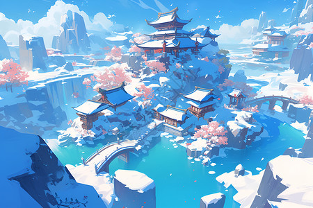 江河风景冰雪中的建筑插画