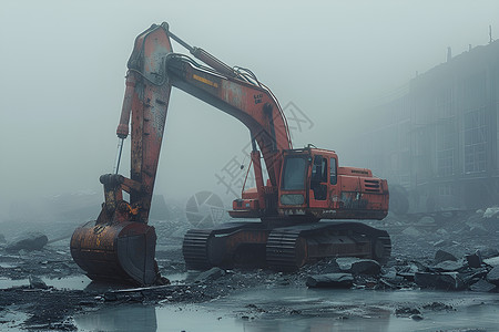 雾天东堤的挖掘机背景