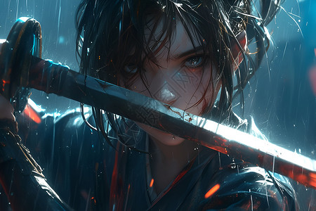 美丽的多雨的雨中少女舞动利剑插画