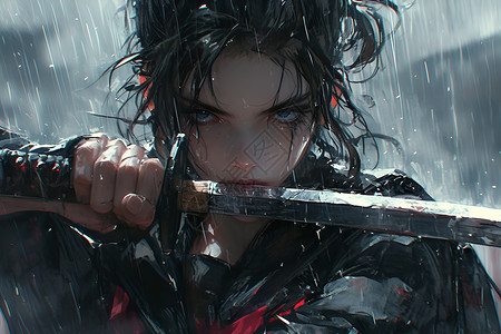雨中佩剑的女战士高清图片
