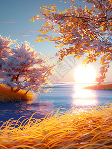 草原湖泊夕阳下的岛屿插画