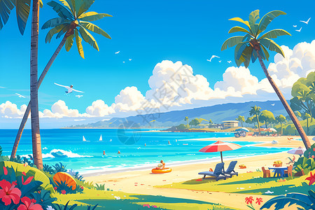 热带海滩绘画背景图片