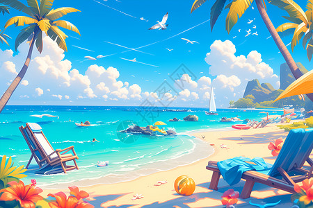 夏日海滩的绘画风景背景图片