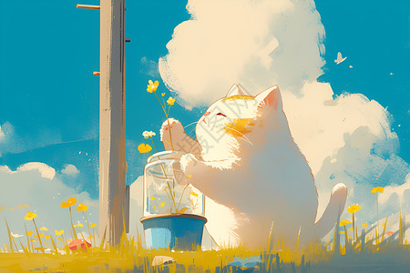 天空下猫咪与花盆背景图片