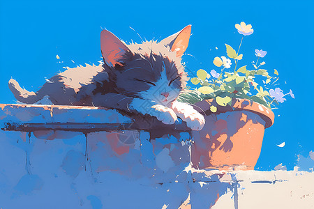 花盆旁的猫咪背景图片