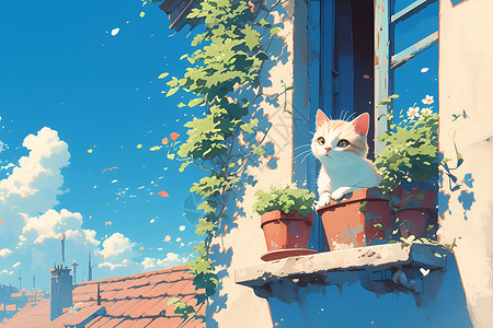花盆旁的小猫咪背景图片