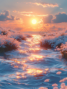 冬季草原夕阳下的溪流光影插画