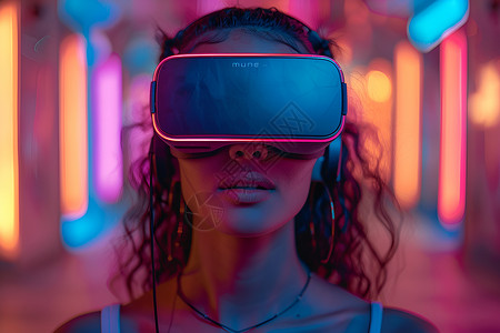 戴着VR眼镜的女性戴着虚拟头盔的女士设计图片