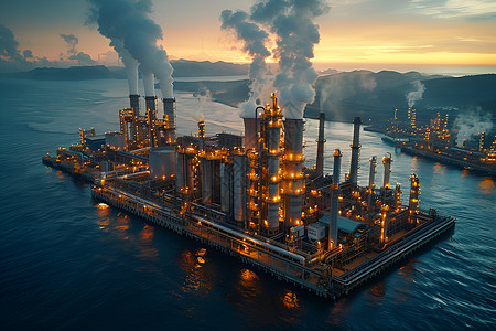 蒸汽迹巨大工厂与湖水交相辉映设计图片