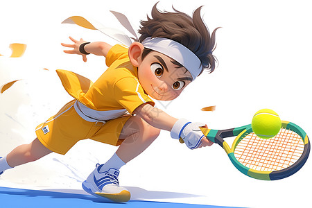 网球少年挥动球拍插画
