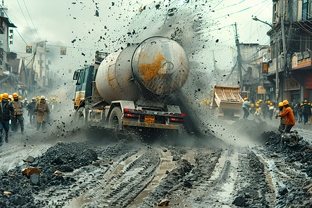 工地繁忙的水泥搅拌车高清图片