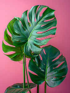 龟背叶素材绿色植物与粉色背景插画