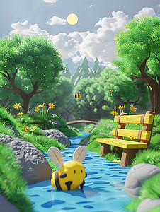 河畔蜜蜂与黄色长凳背景图片