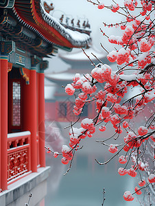 梅花和仙鹤红色宫墙和梅花背景