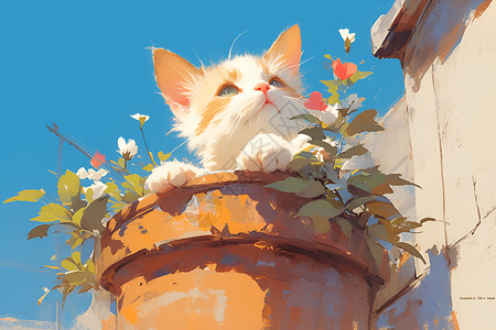 温暖的阳光天空下一只小猫坐在花盆里插画