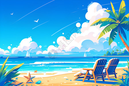 椰树沙滩海滩上的两把椅子静待插画