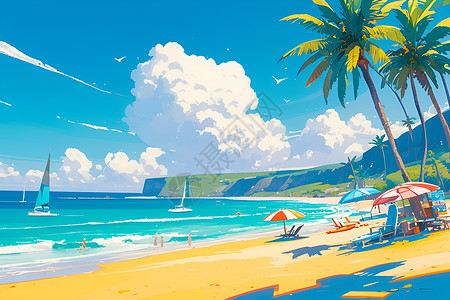 椰树沙滩夏日仙境插画