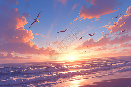海鸥飞越海洋宁静海岸线插画
