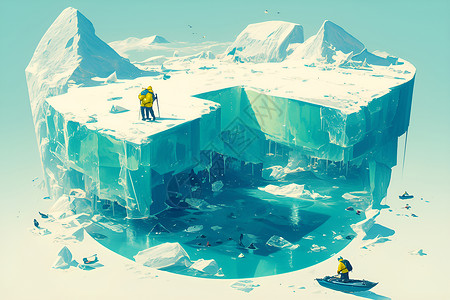 冰块湖泊冰上的探险者插画
