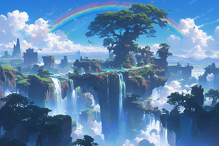 森林彩虹梦幻世界中的魔幻瀑布插画