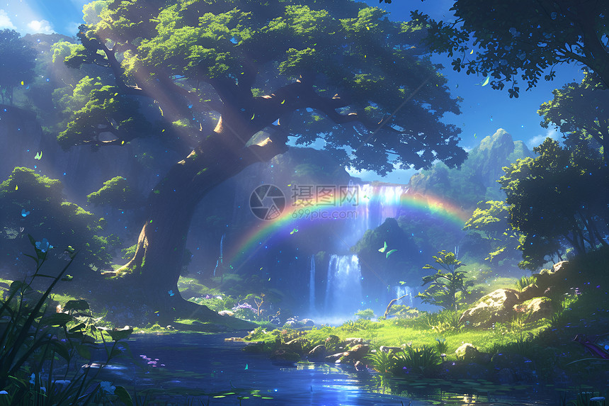 神秘仙境中的彩虹瀑布图片