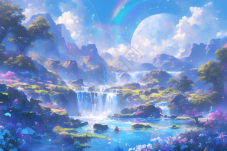 森林彩虹仙境瀑布与绚丽彩虹插画