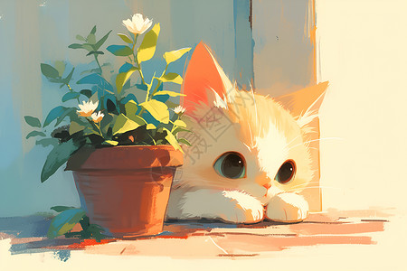 花盆边的猫咪背景图片
