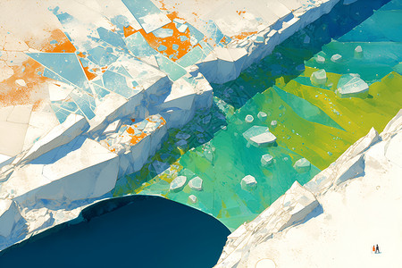 卫星云图多彩山峰下的湖泊插画