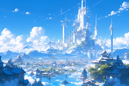 宏伟城市蓝色云海中的未来之城插画
