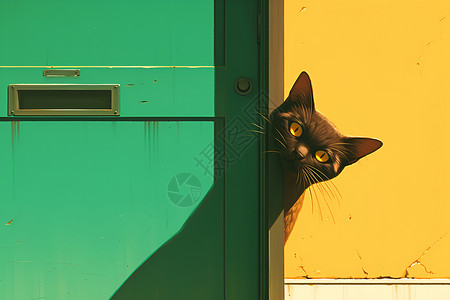 防偷窥绿门后面偷窥的黑猫插画
