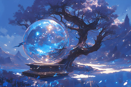 夜晚森林插画古树下的水晶球插画