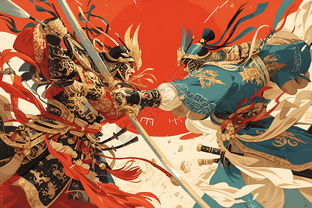 京剧装束对战的两方将士插画