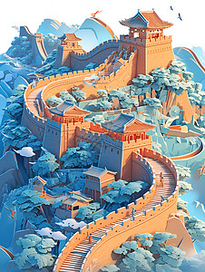 中国剪纸风长城背景图片