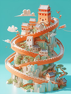 古典城市旋转楼梯上的城市插画