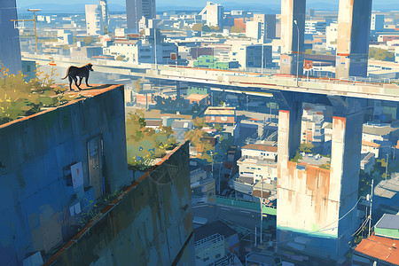 城市建筑屋顶的小狗背景图片
